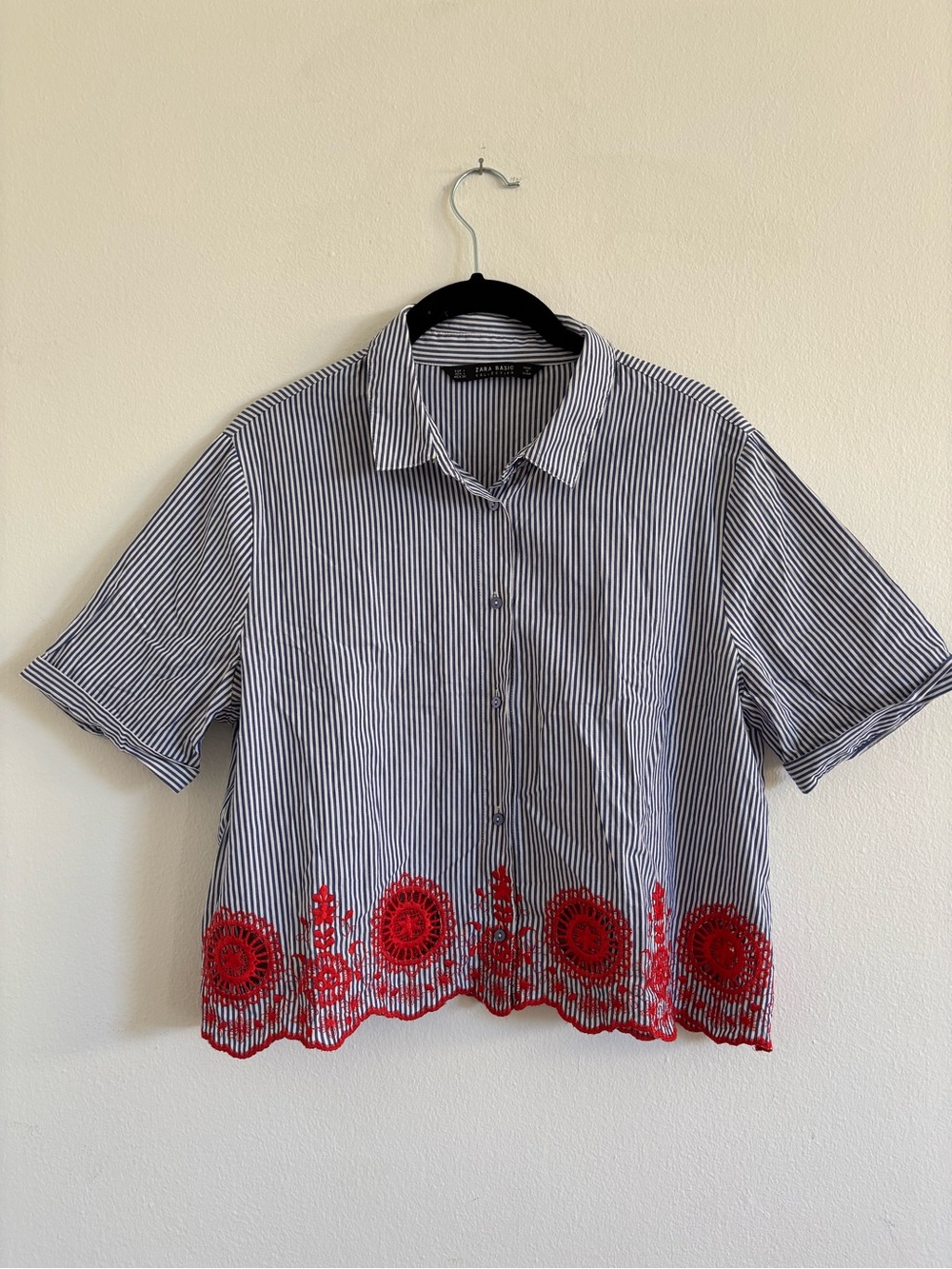 Zara Blue & White Striped Button-Down Top with Red Embroidered Hem